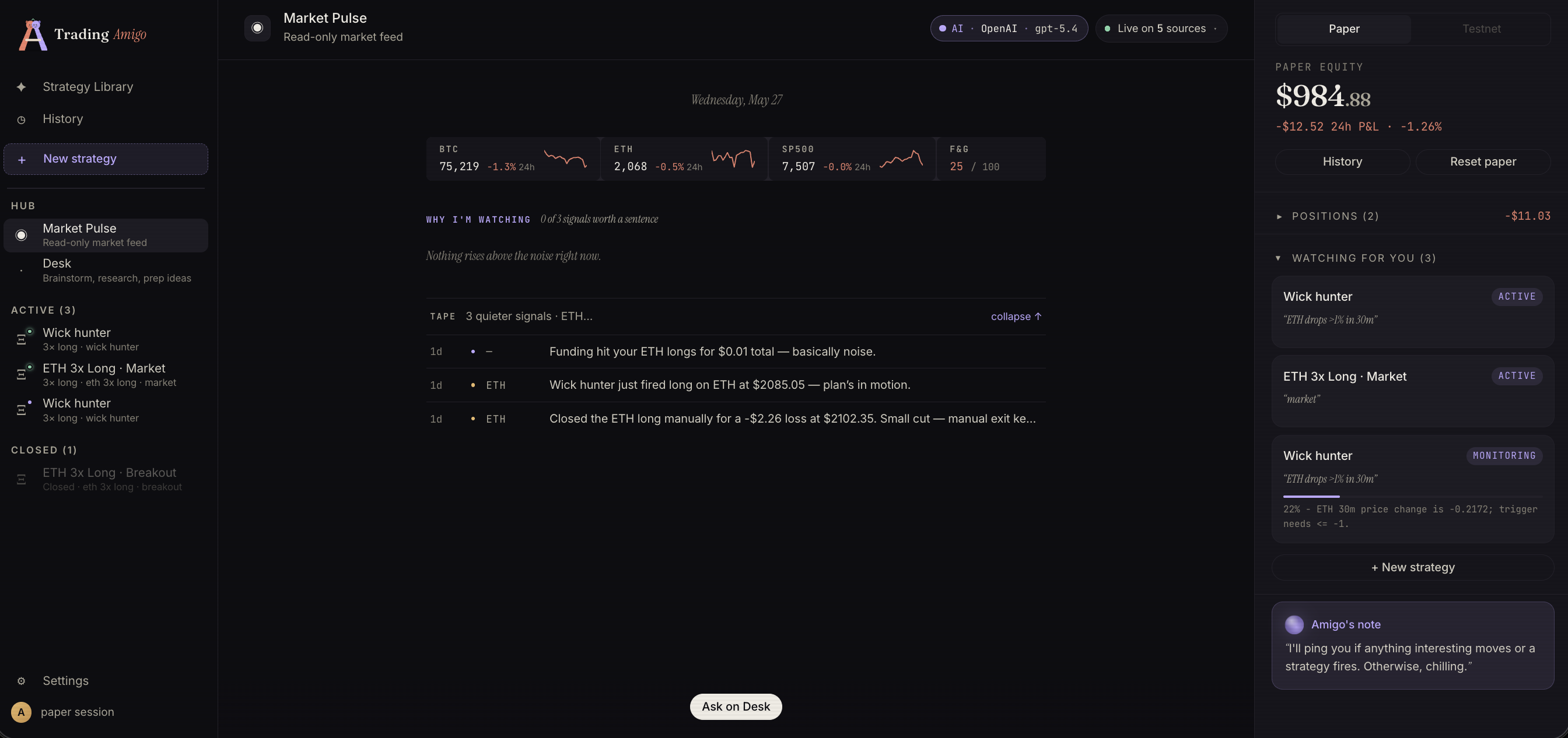 Trading Amigo terminal — chat, strategy channels, positions panel and market-pulse banner