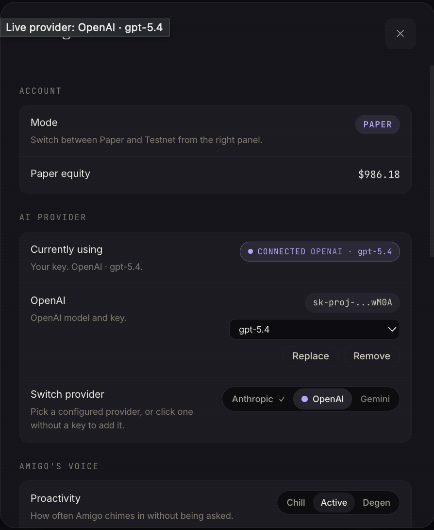 Settings — connect your own AI provider key, OpenAI / Anthropic / Gemini