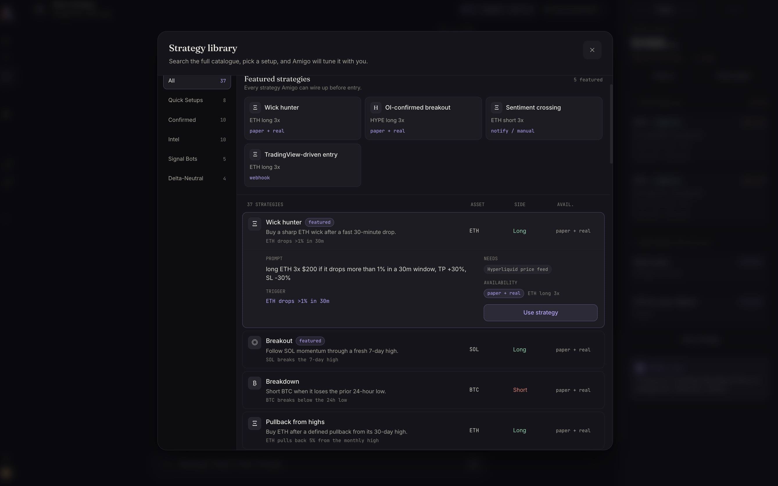Strategy library — featured setups Amigo can wire up before entry