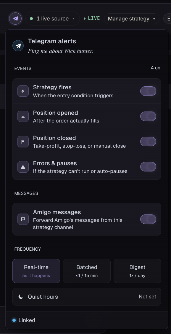 Telegram alerts you can act on — strategy fires, position opened, closed, errors